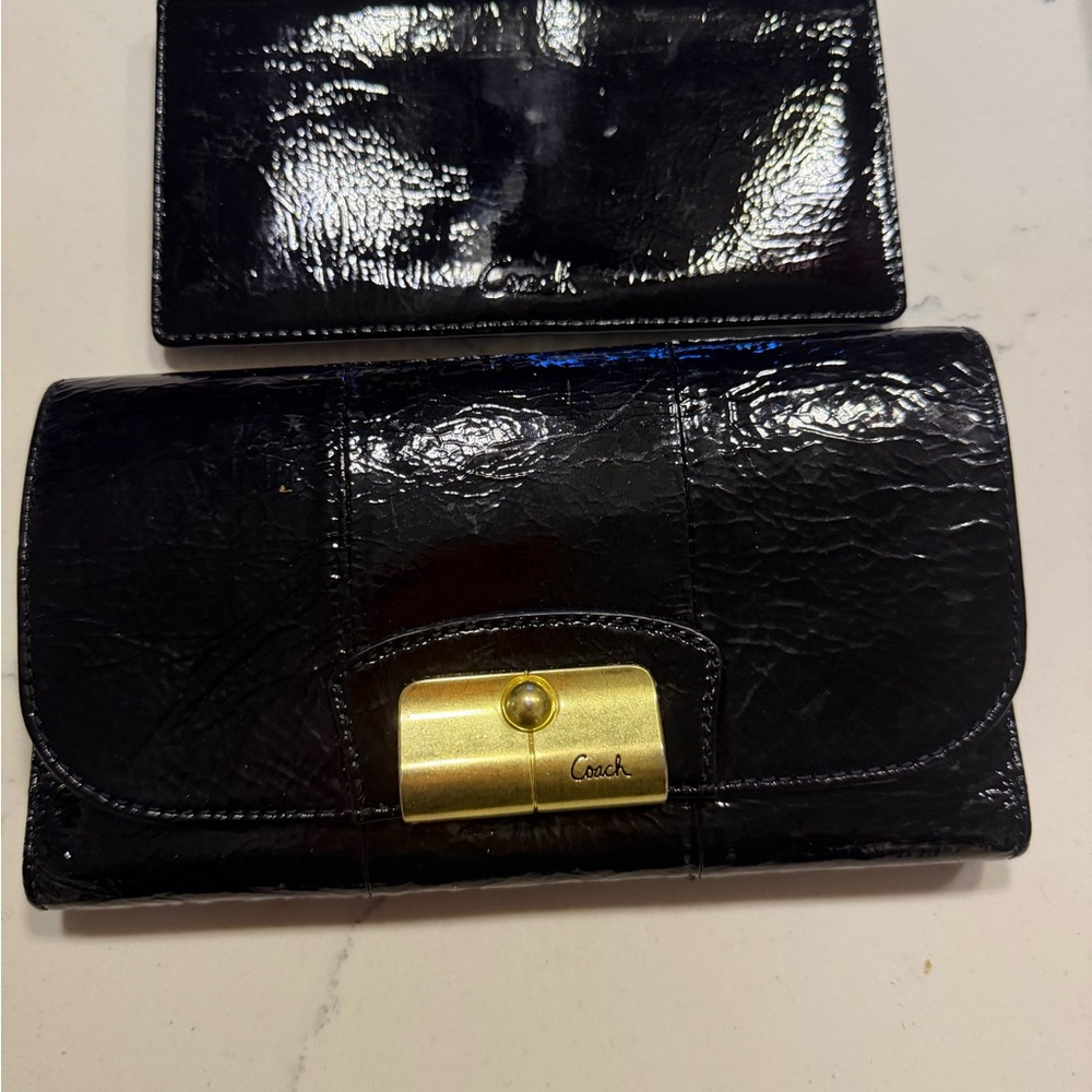 Coach Shiny Black Leather Wallet with Gold Accent
